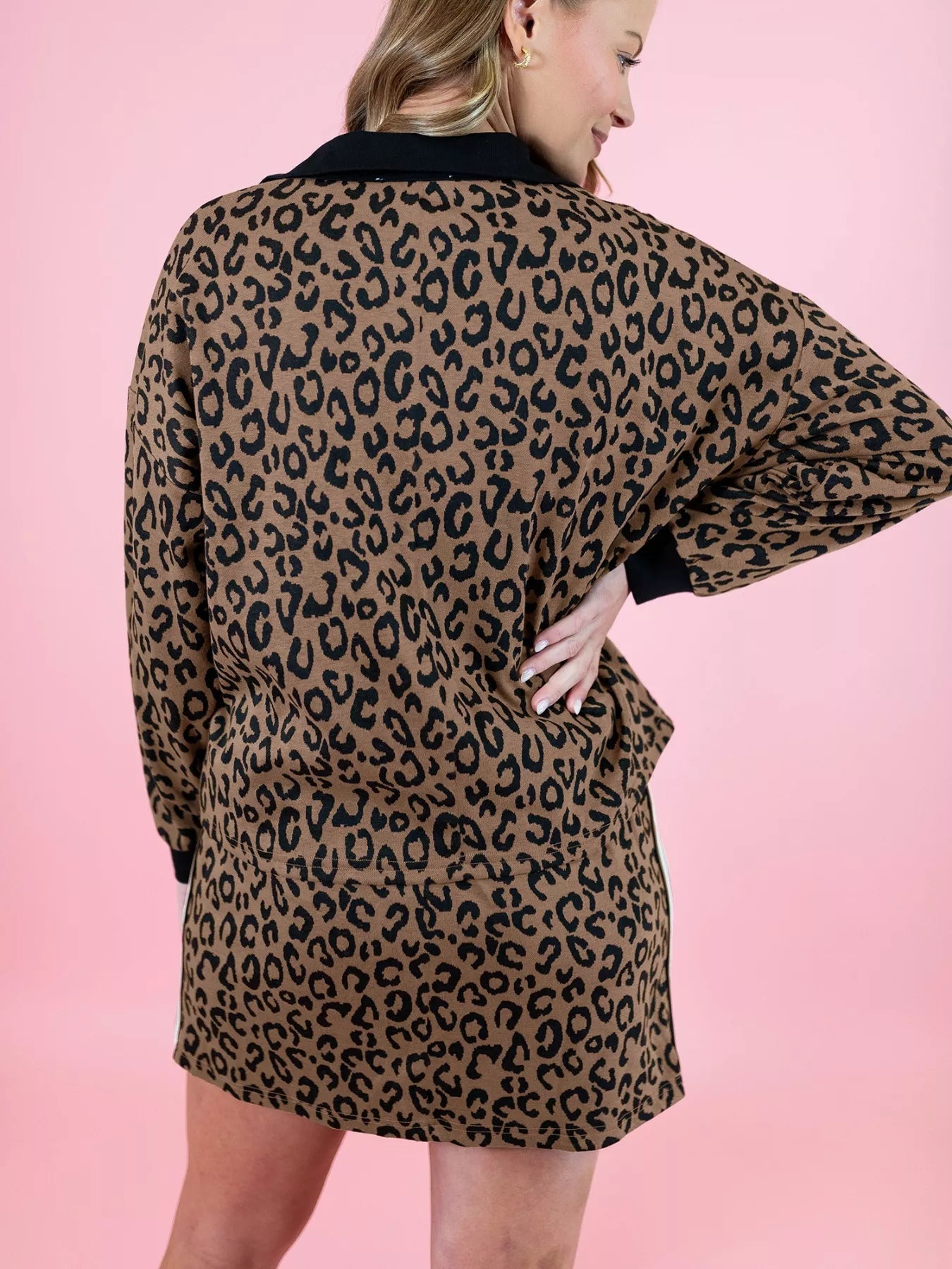 Leopard Print Half Zip Pullover & Drawstring Skirt Set - SuzRevera