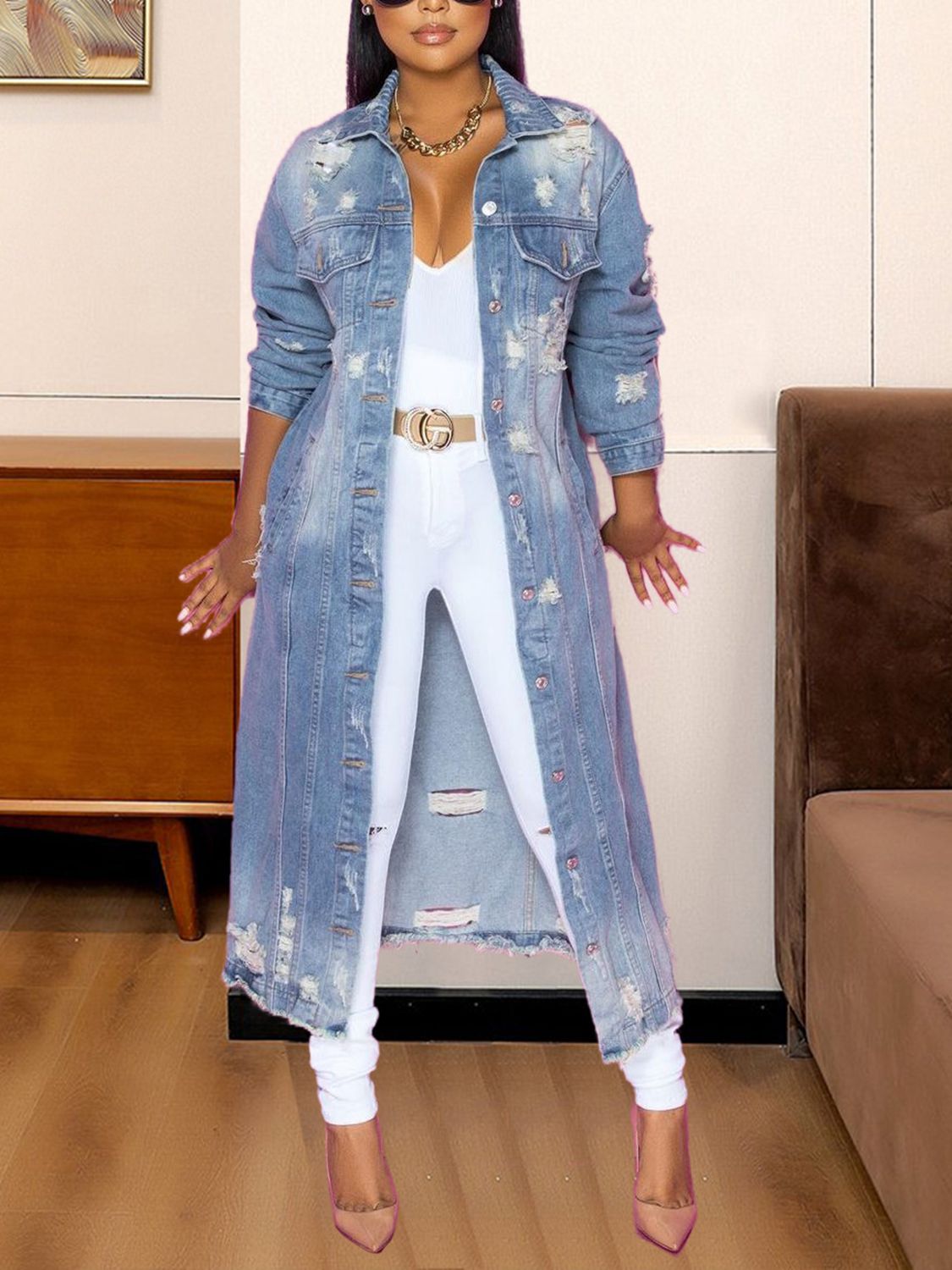 Long Sleeve Raw Hem Denim Jacket - SuzRevera