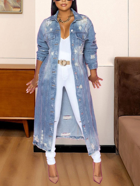 Long Sleeve Raw Hem Denim Jacket - SuzRevera