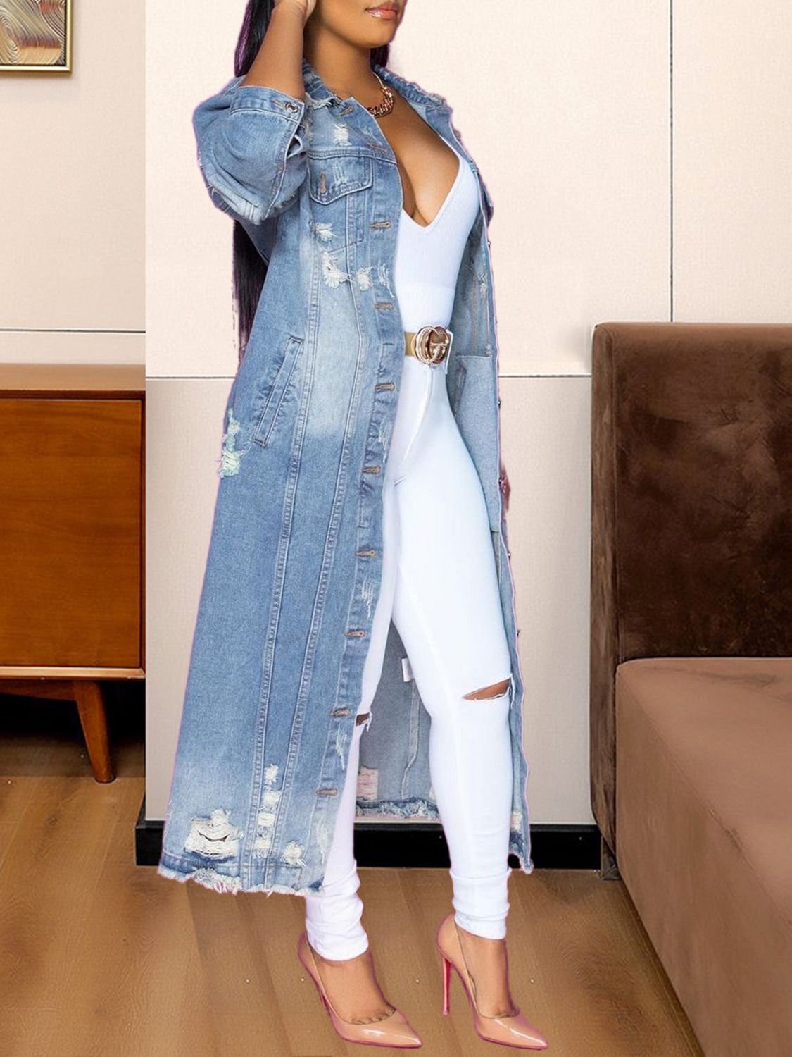 Long Sleeve Raw Hem Denim Jacket - SuzRevera