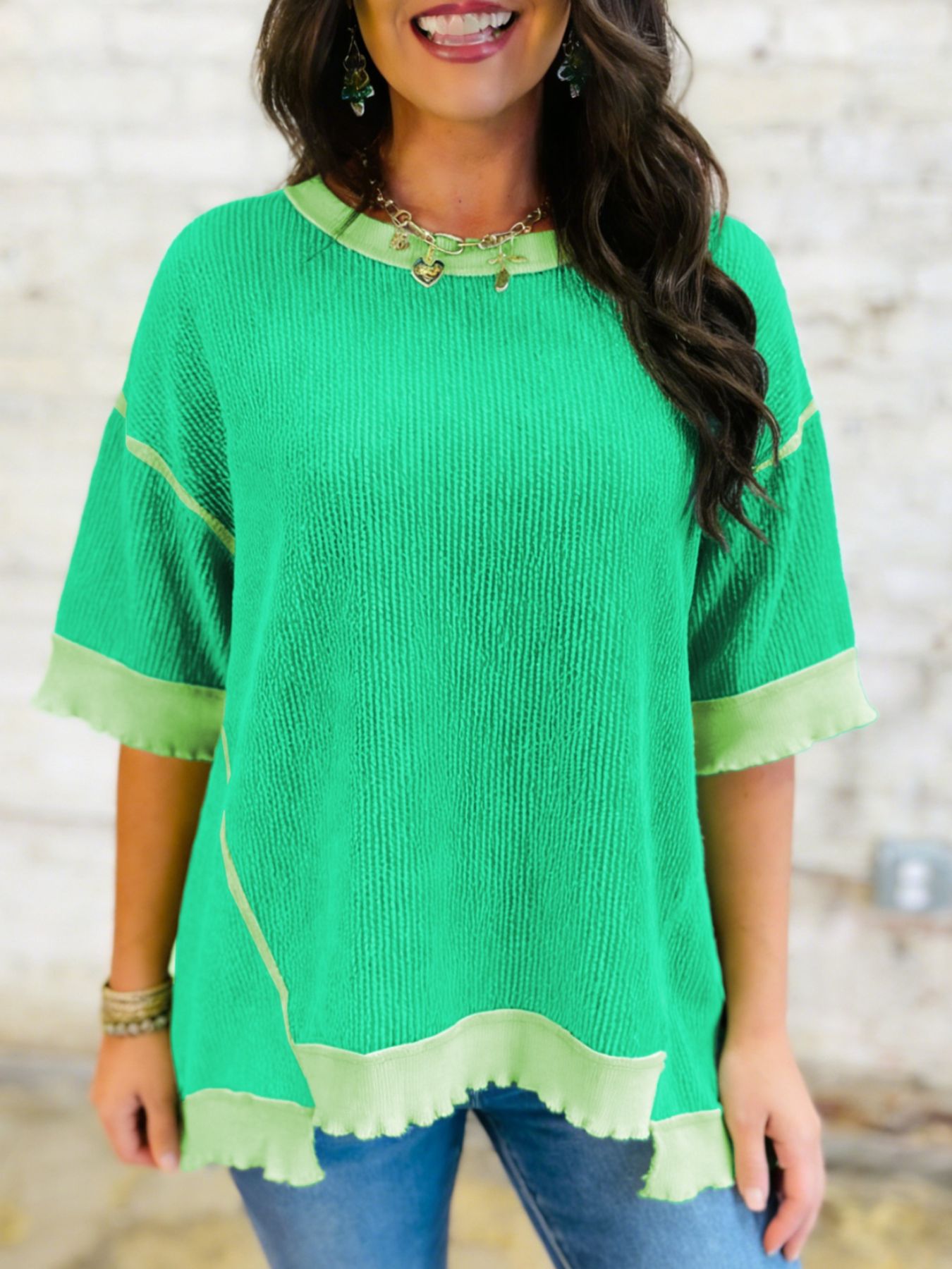 Loose Uneven Hem Twist Ribbed T Shirt - SuzRevera