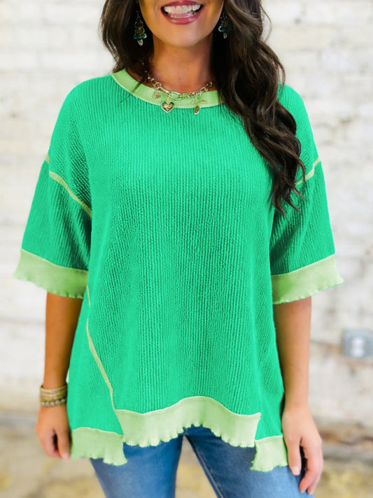 Loose Uneven Hem Twist Ribbed T Shirt - SuzRevera