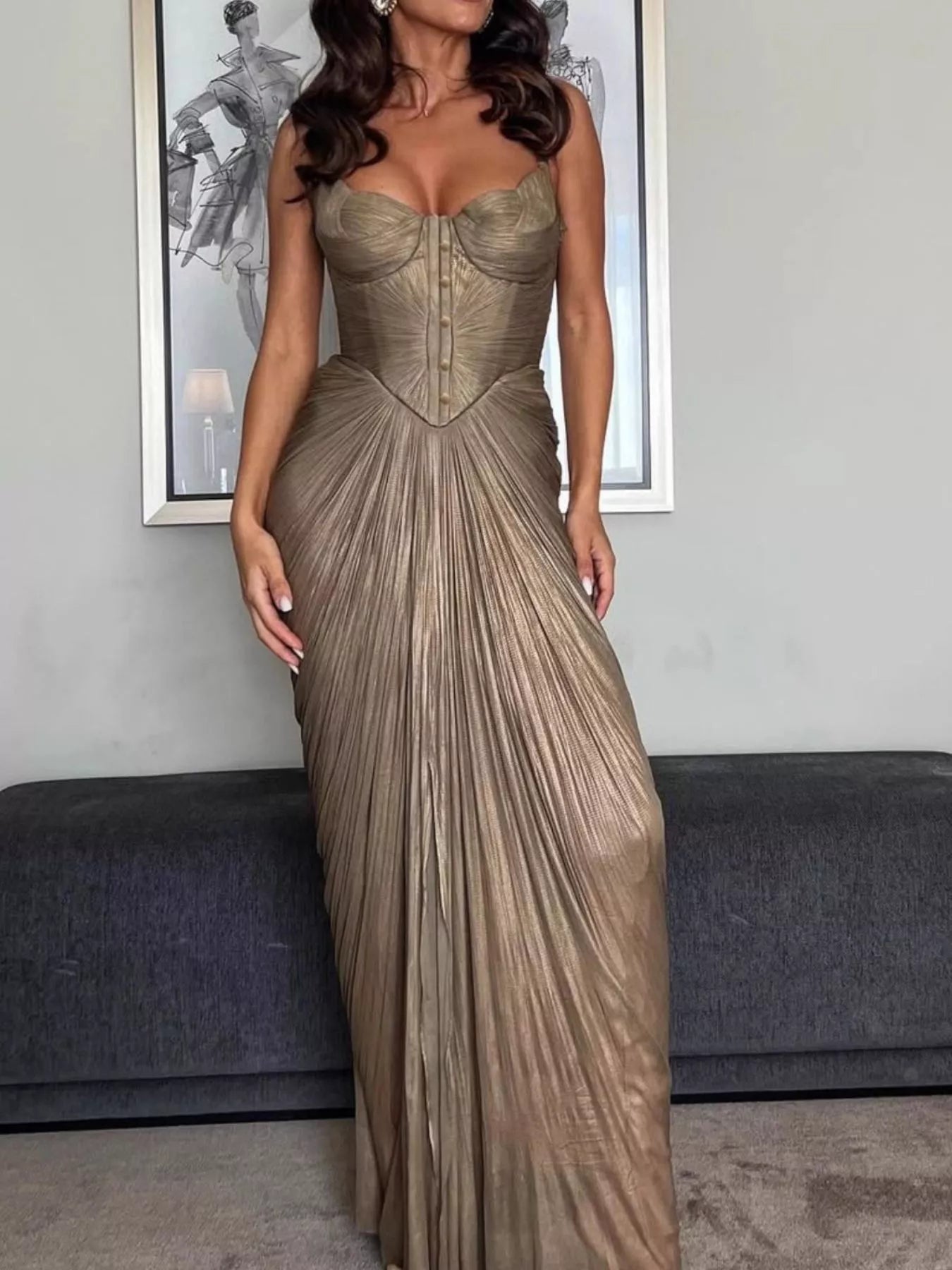 Metallic Pleated Corset Maxi Dress - SuzRevera