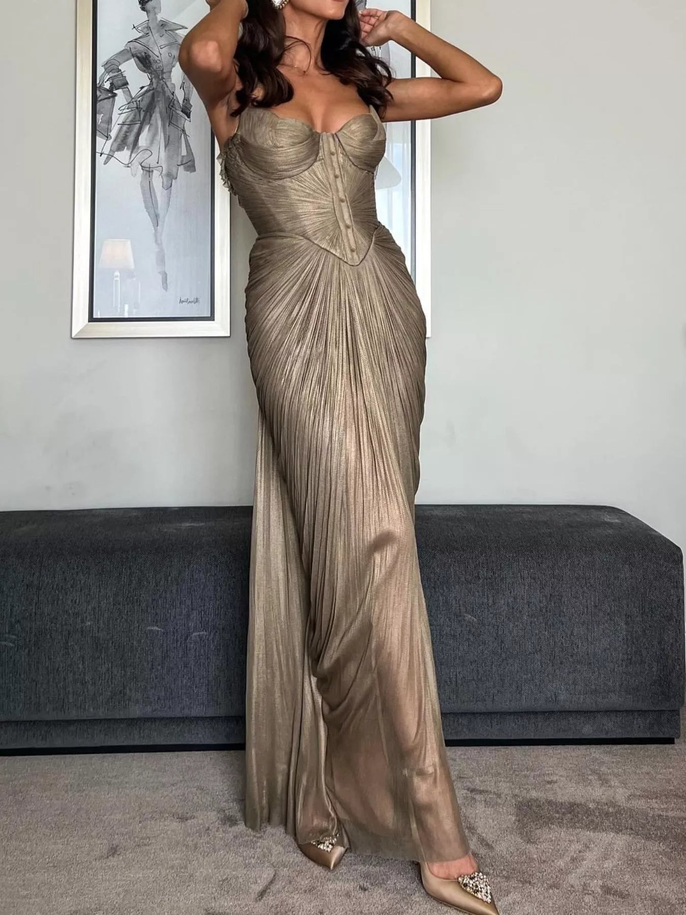 Metallic Pleated Corset Maxi Dress - SuzRevera