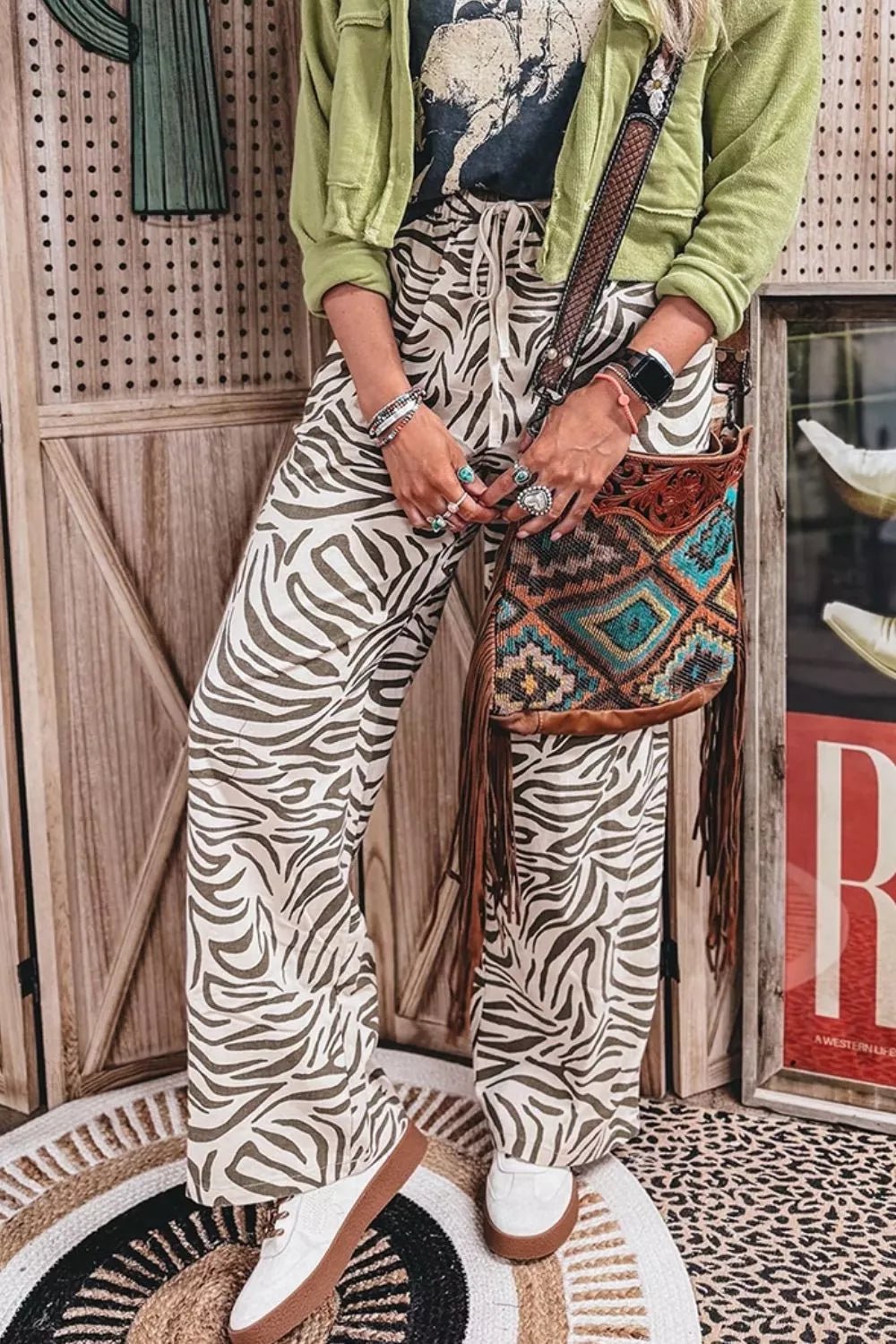 Multicolour Western Print Zebra Pattern Elastic Waist Pocket Pants - SuzRevera