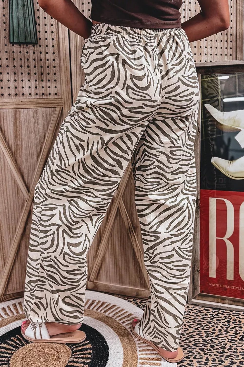Multicolour Western Print Zebra Pattern Elastic Waist Pocket Pants - SuzRevera