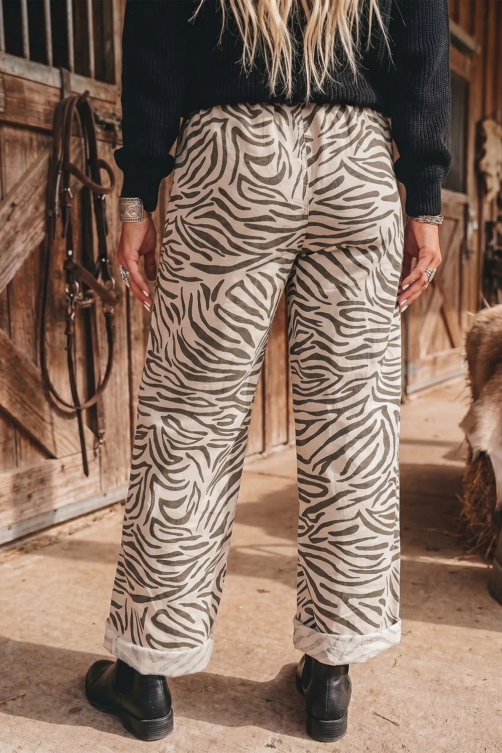 Multicolour Western Print Zebra Pattern Elastic Waist Pocket Pants - SuzRevera