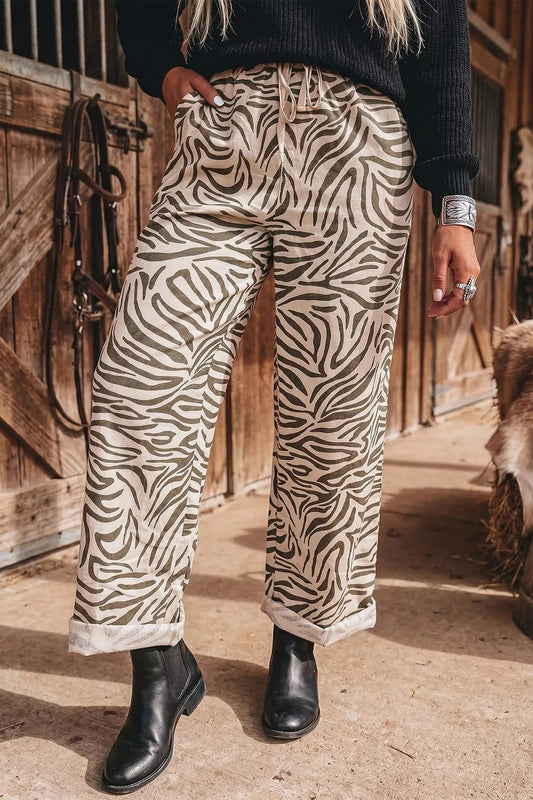 Multicolour Western Print Zebra Pattern Elastic Waist Pocket Pants - SuzRevera