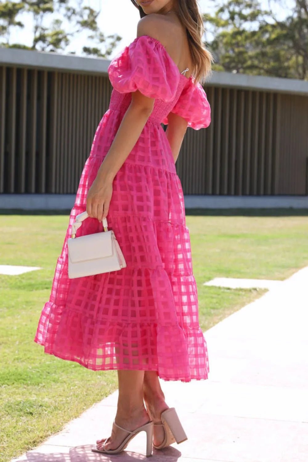 Off Shoulder Puff Sleeve Midi Dress - SuzRevera