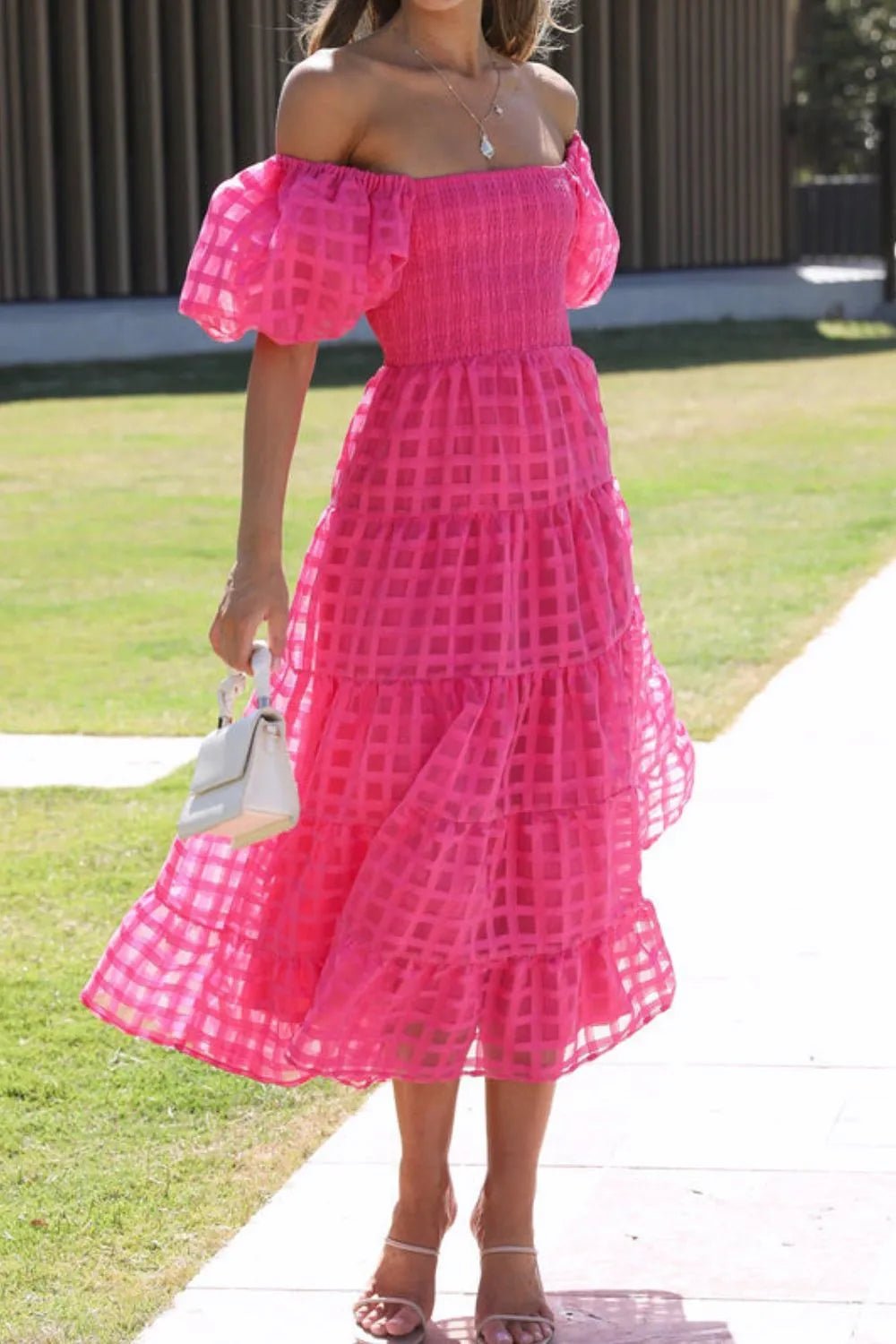 Off Shoulder Puff Sleeve Midi Dress - SuzRevera
