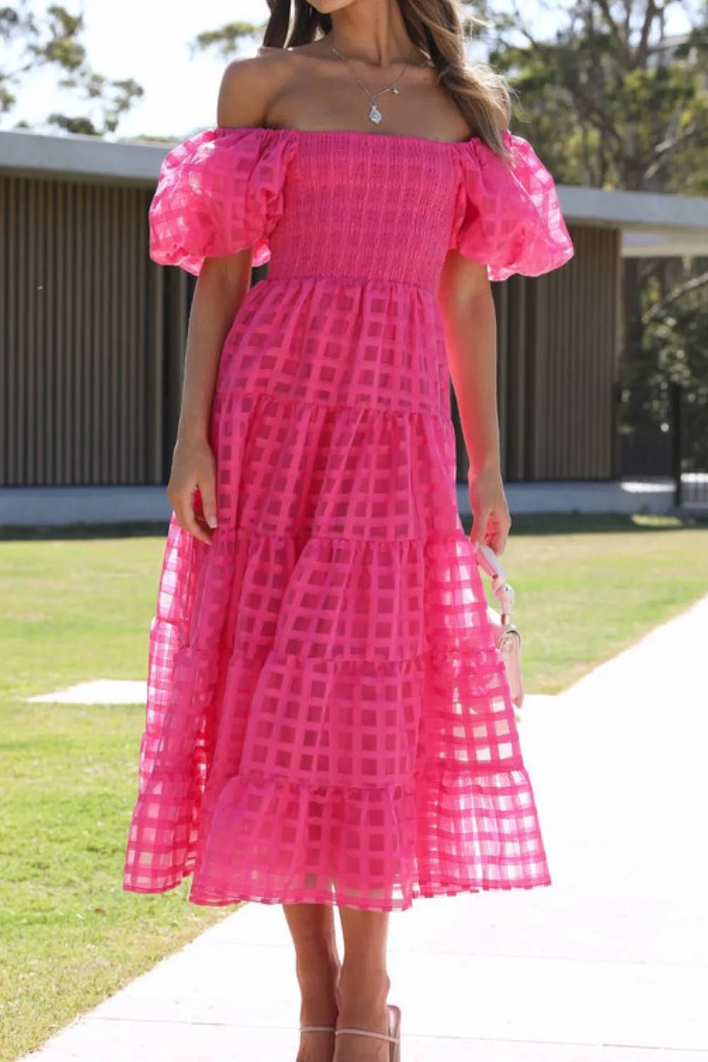 Off Shoulder Puff Sleeve Midi Dress - SuzRevera