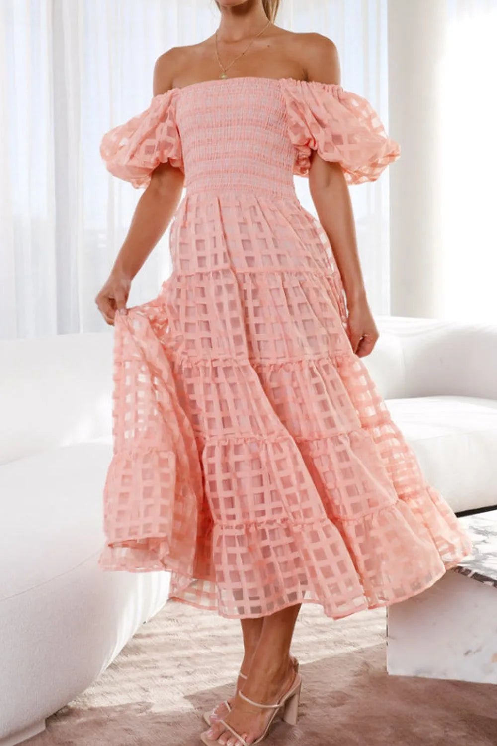Off Shoulder Puff Sleeve Midi Dress - SuzRevera