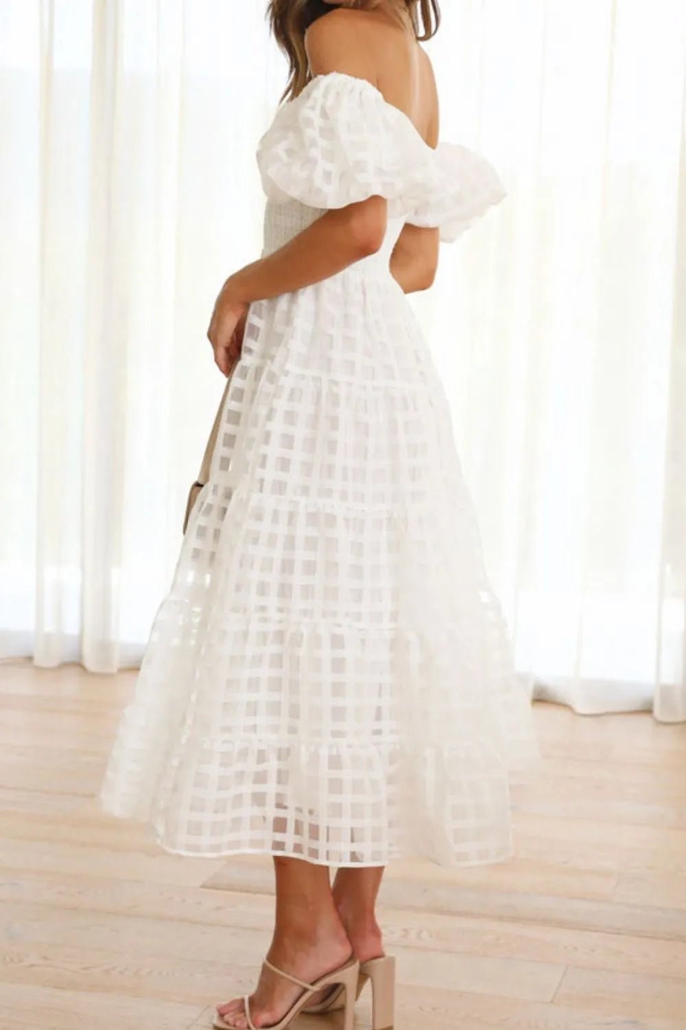 Off Shoulder Puff Sleeve Midi Dress - SuzRevera