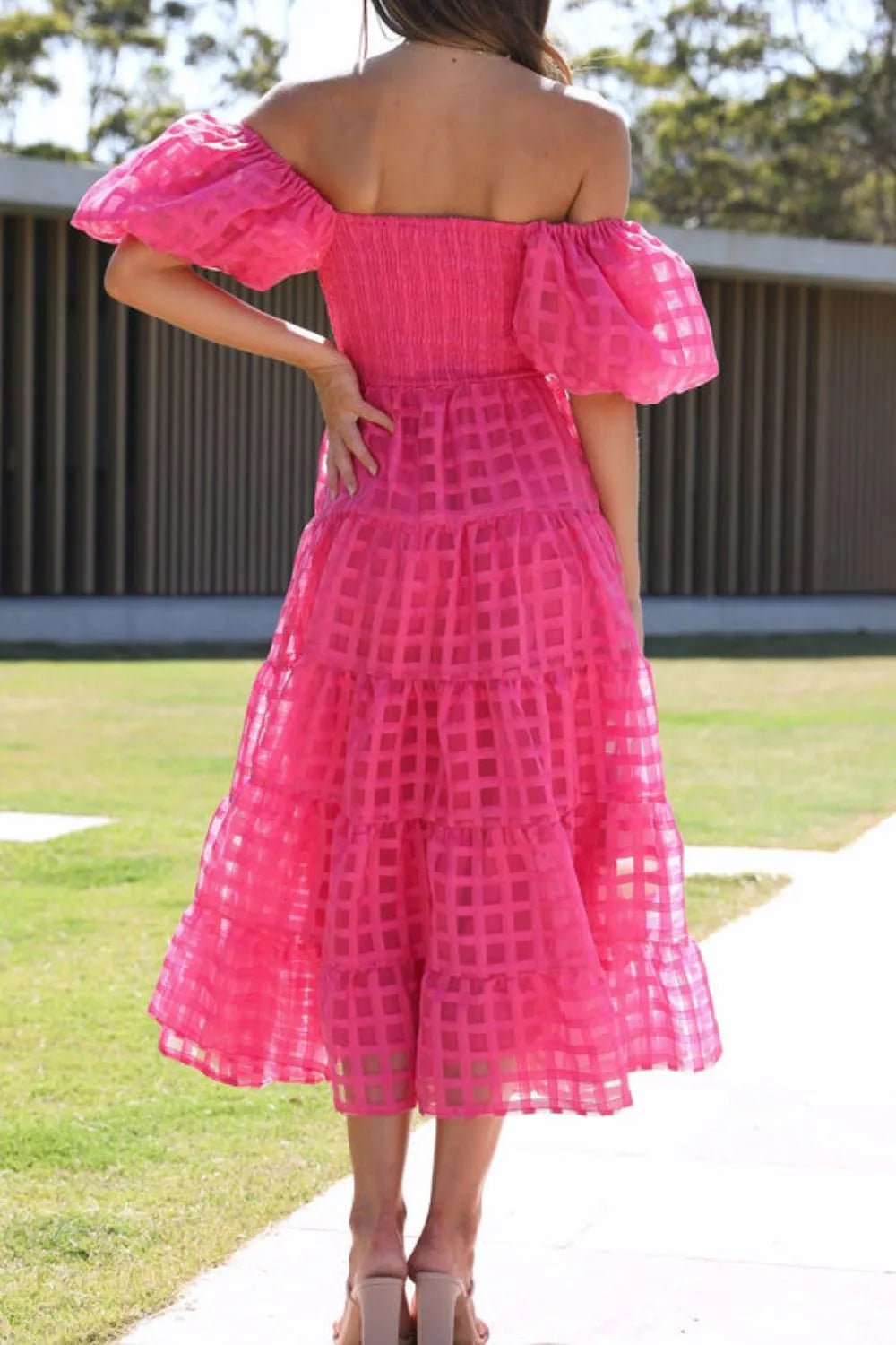 Off Shoulder Puff Sleeve Midi Dress - SuzRevera