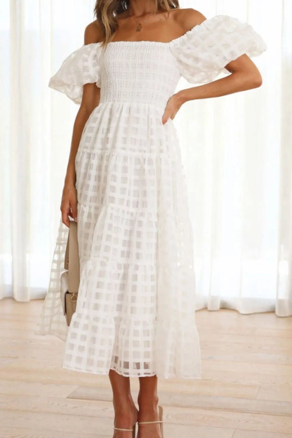 Off Shoulder Puff Sleeve Midi Dress - SuzRevera