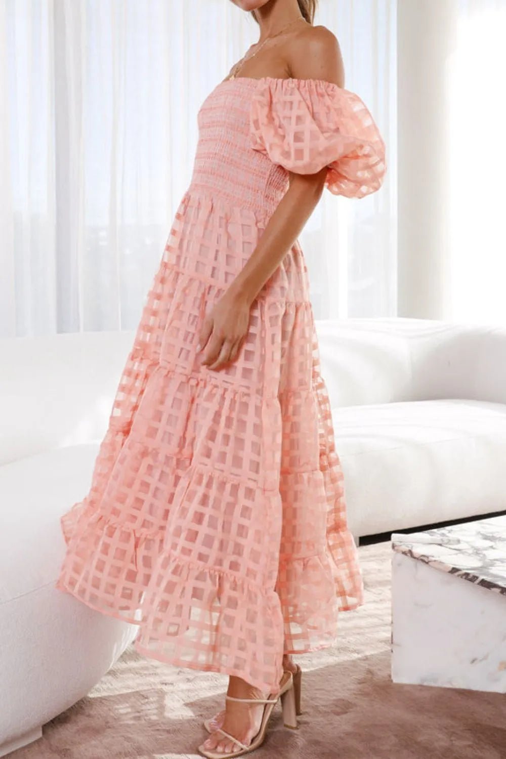 Off Shoulder Puff Sleeve Midi Dress - SuzRevera