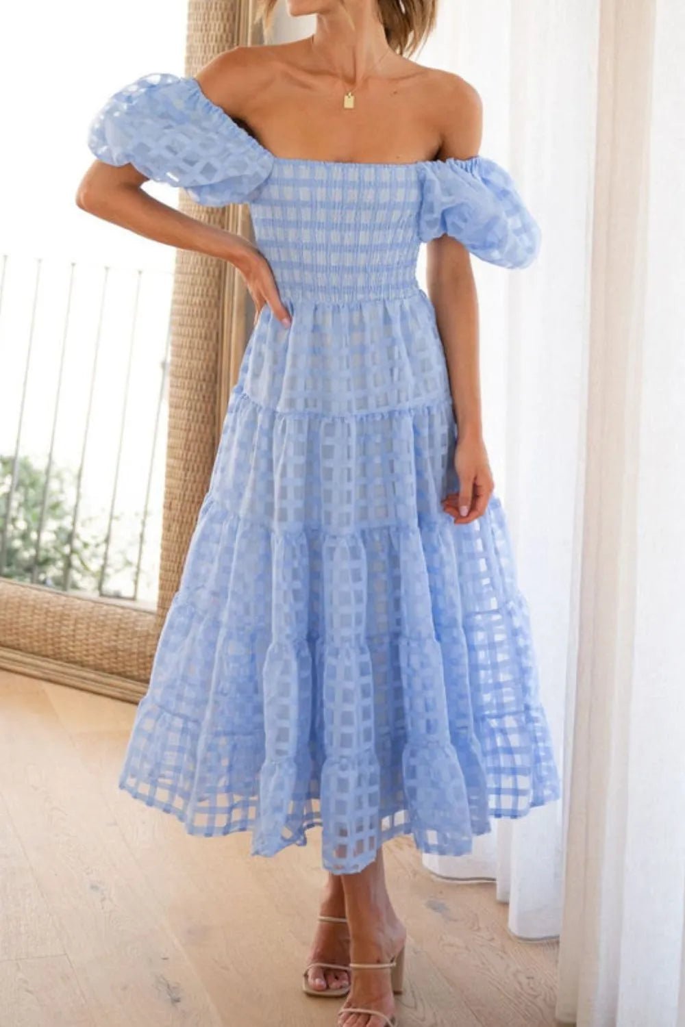 Off Shoulder Puff Sleeve Midi Dress - SuzRevera