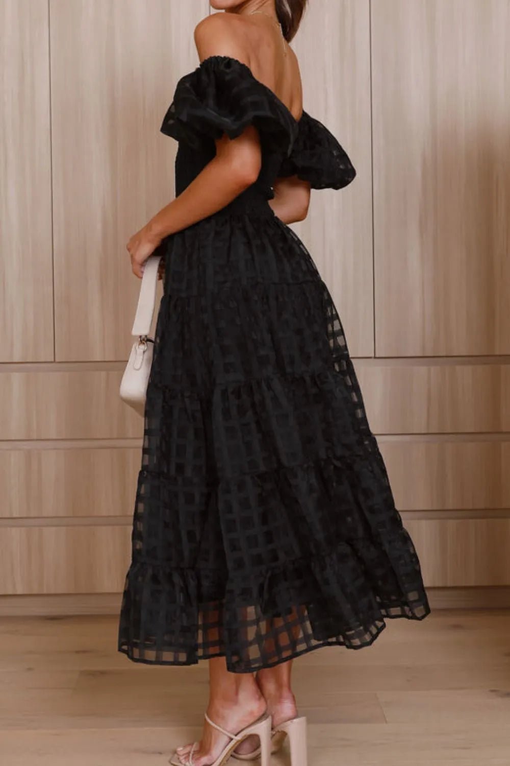 Off Shoulder Puff Sleeve Midi Dress - SuzRevera