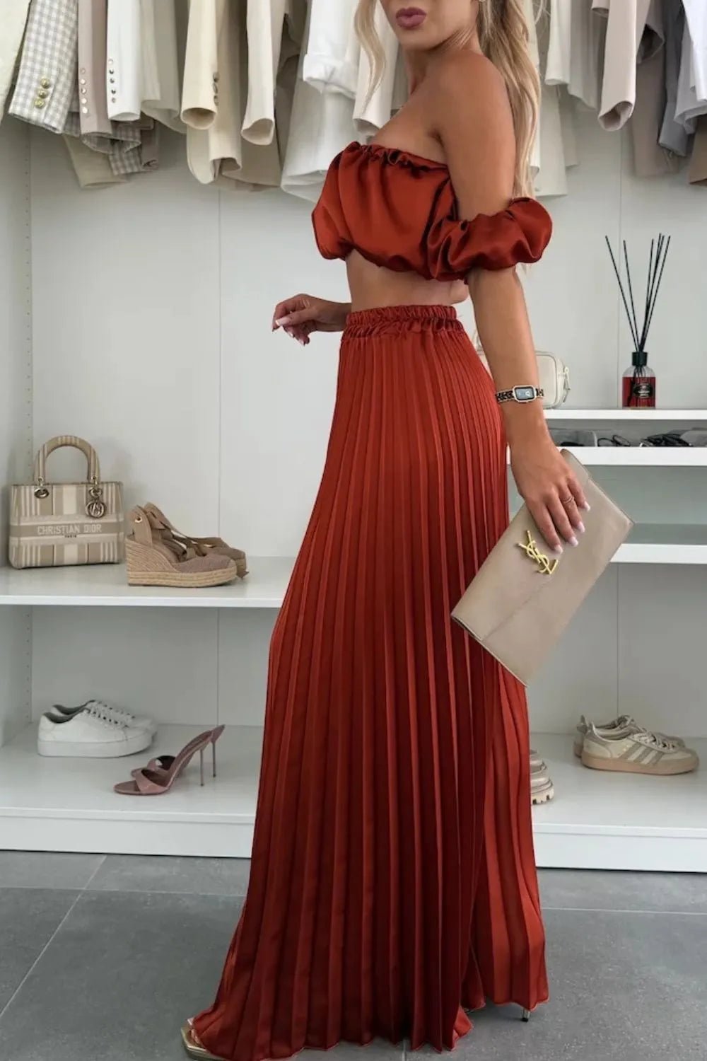 Off - Shoulder Top and Pleated Pants Set - SuzRevera