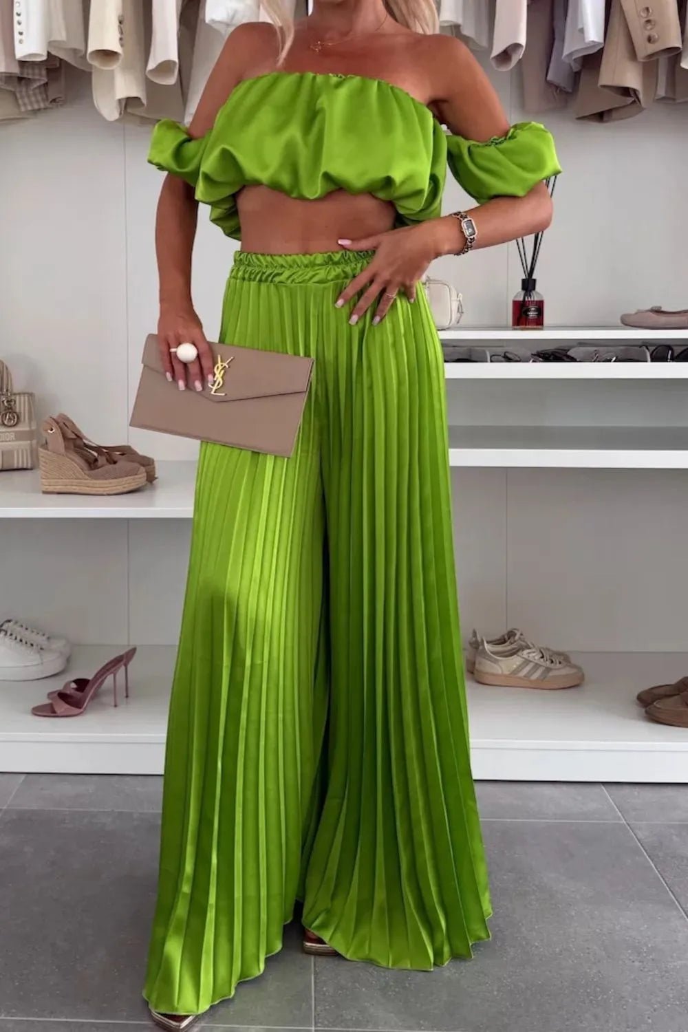 Off - Shoulder Top and Pleated Pants Set - SuzRevera