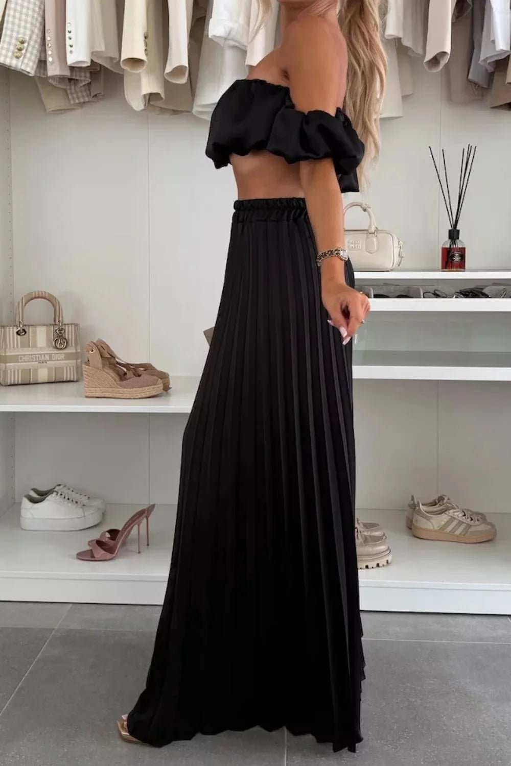 Off - Shoulder Top and Pleated Pants Set - SuzRevera