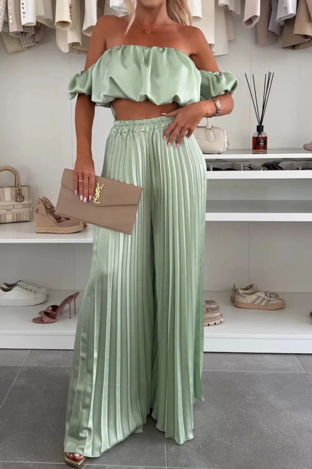 Off - Shoulder Top and Pleated Pants Set - SuzRevera