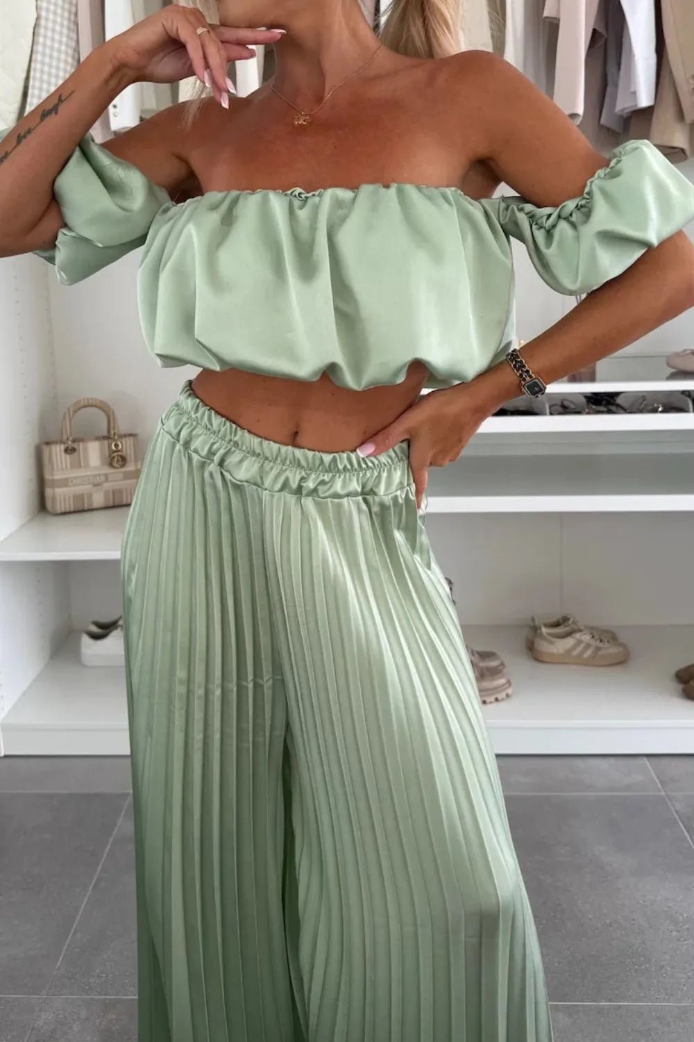 Off - Shoulder Top and Pleated Pants Set - SuzRevera
