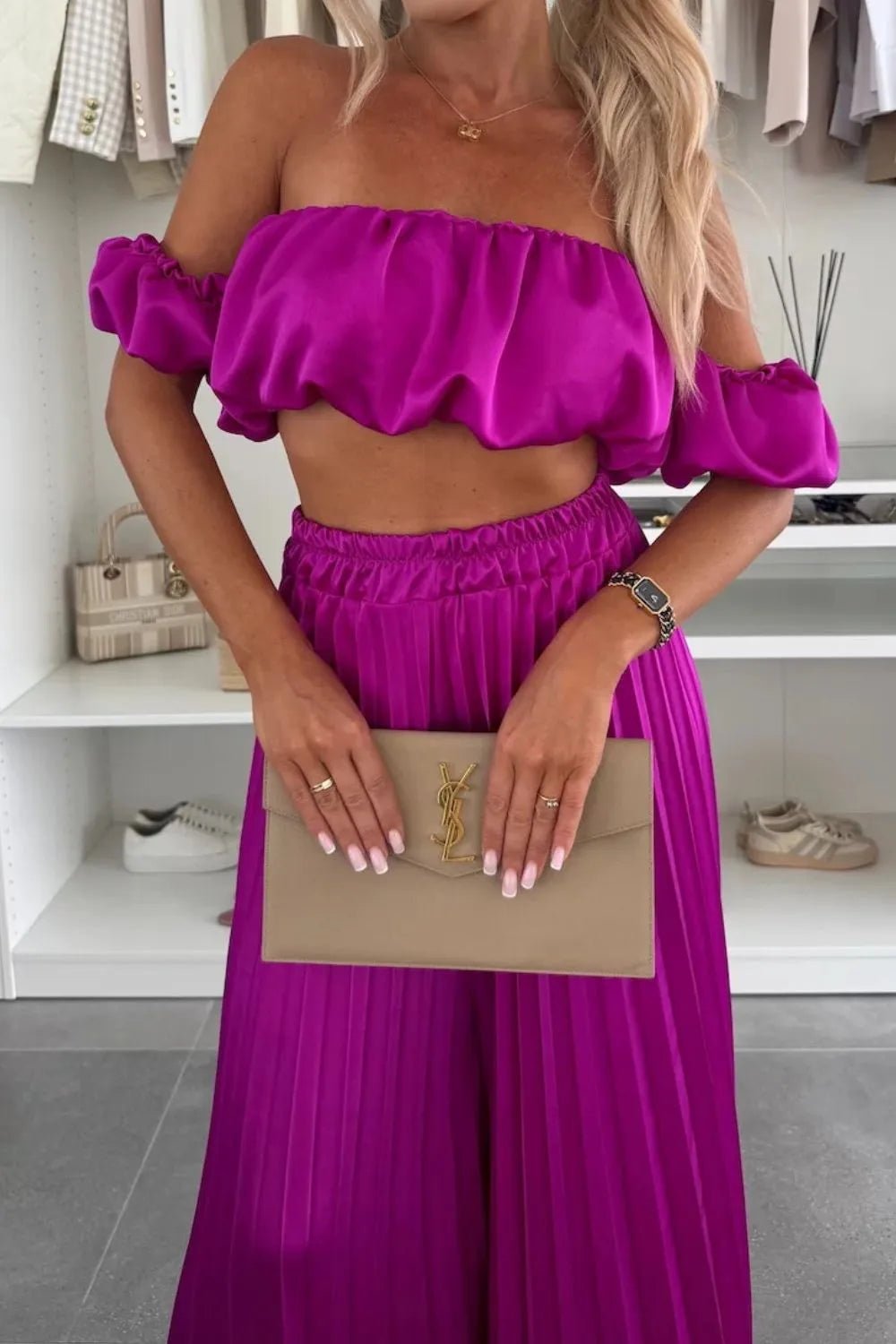 Off - Shoulder Top and Pleated Pants Set - SuzRevera