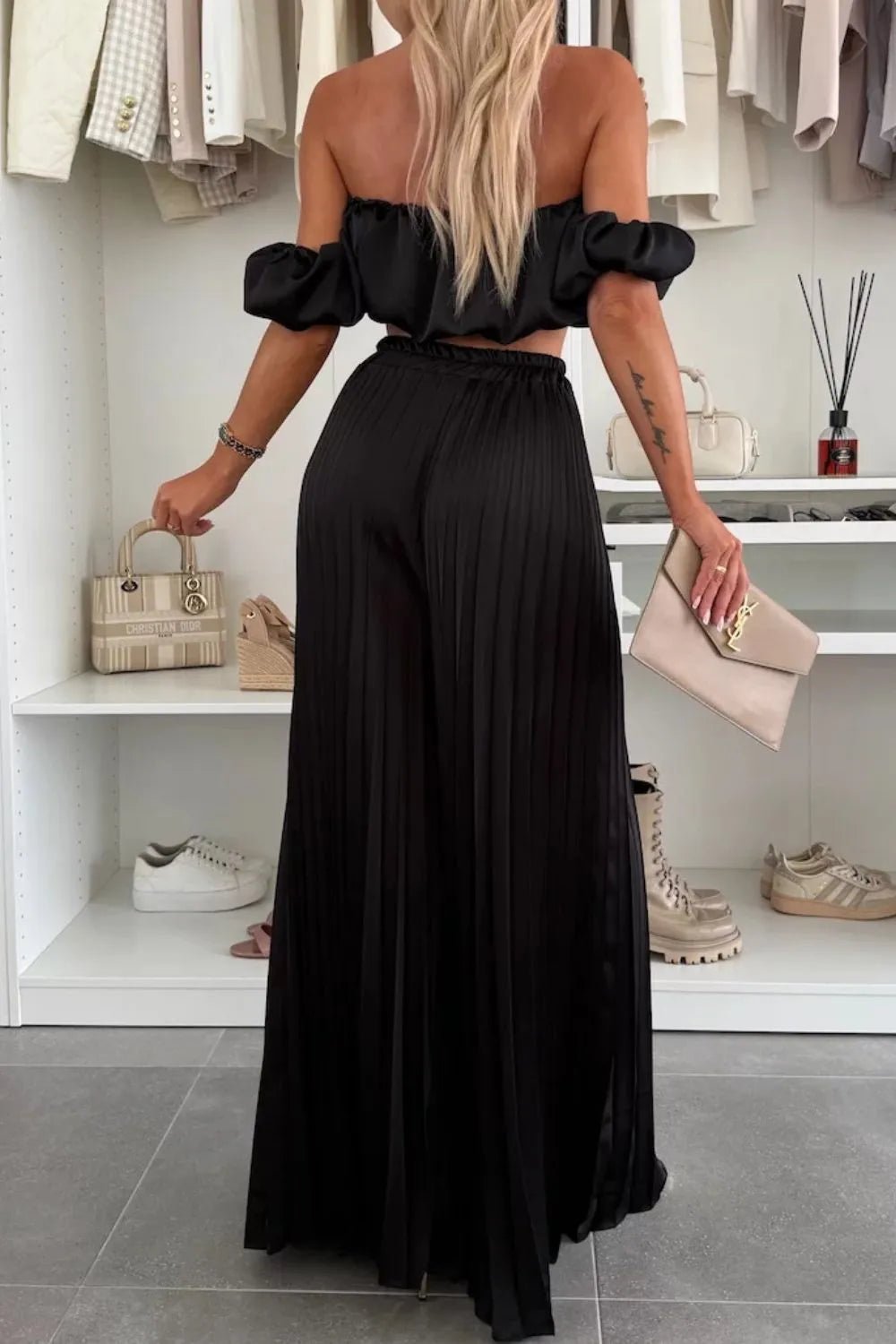 Off - Shoulder Top and Pleated Pants Set - SuzRevera