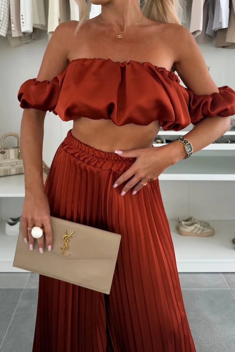 Off - Shoulder Top and Pleated Pants Set - SuzRevera