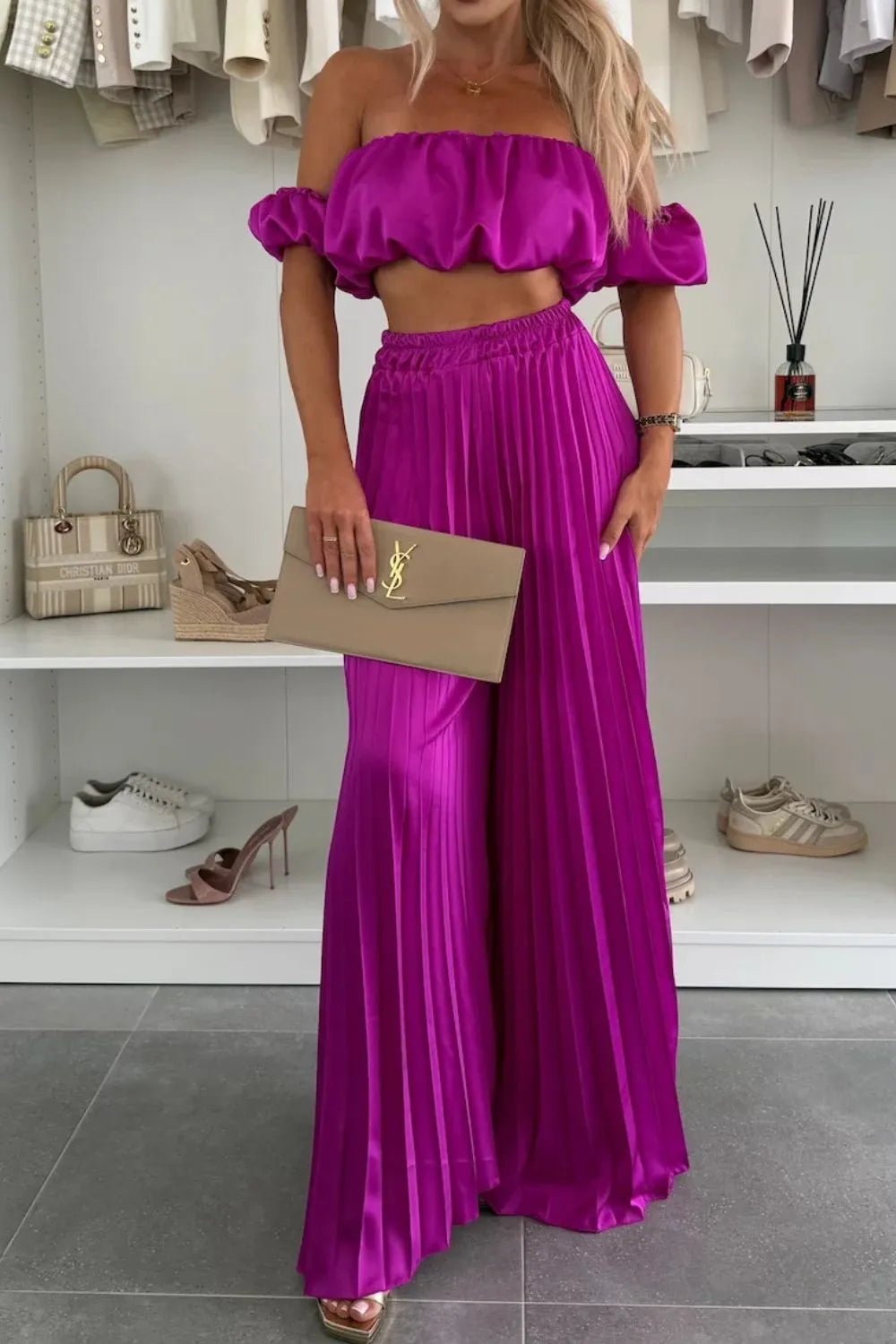 Off - Shoulder Top and Pleated Pants Set - SuzRevera