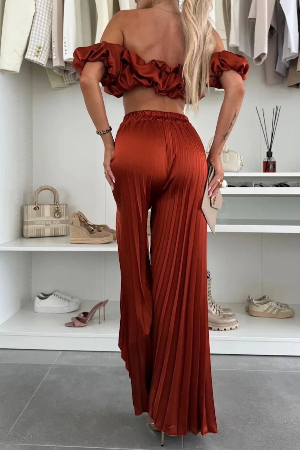 Off - Shoulder Top and Pleated Pants Set - SuzRevera