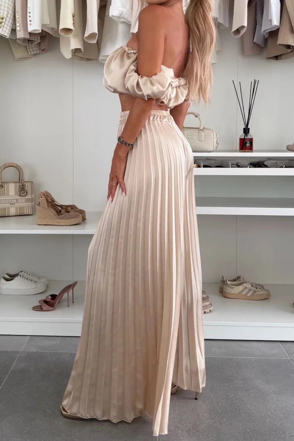 Off - Shoulder Top and Pleated Pants Set - SuzRevera