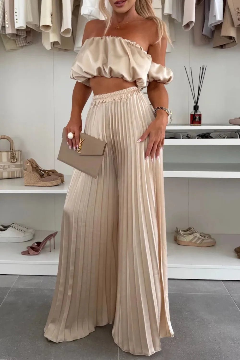 Off - Shoulder Top and Pleated Pants Set - SuzRevera