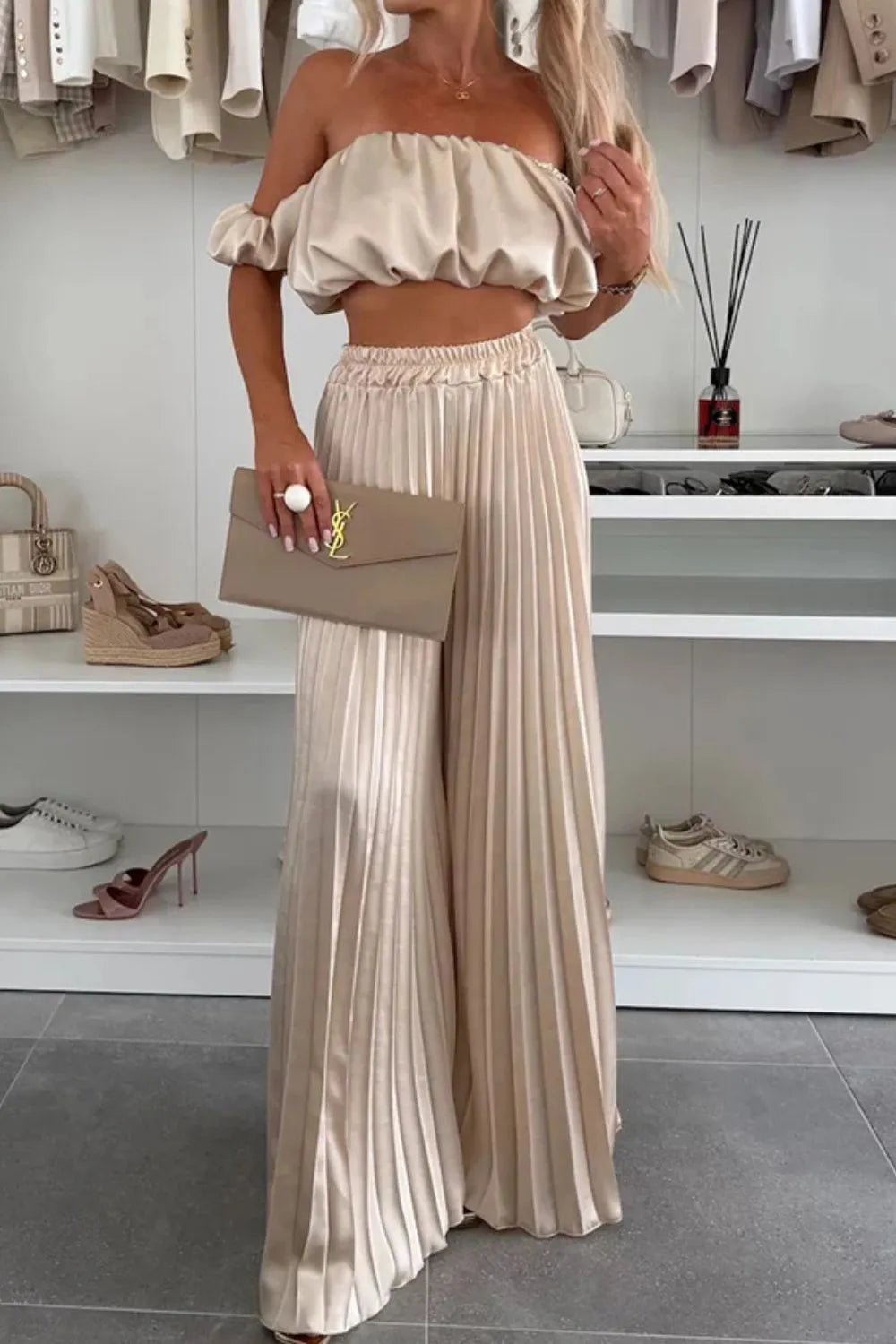Off - Shoulder Top and Pleated Pants Set - SuzRevera