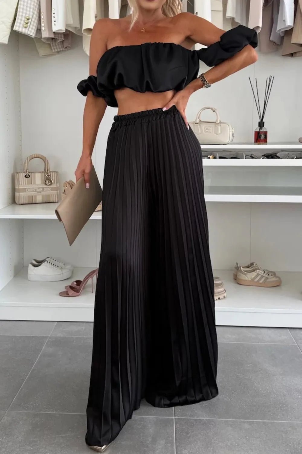 Off - Shoulder Top and Pleated Pants Set - SuzRevera