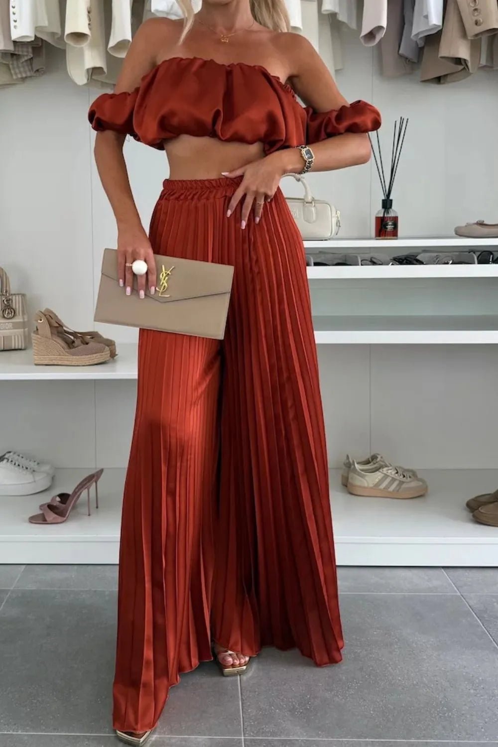 Off - Shoulder Top and Pleated Pants Set - SuzRevera