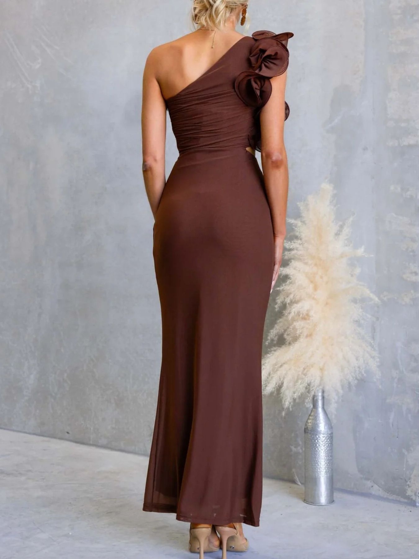 One - Shoulder Floral Trim Sleeveless Maxi Dress - SuzRevera