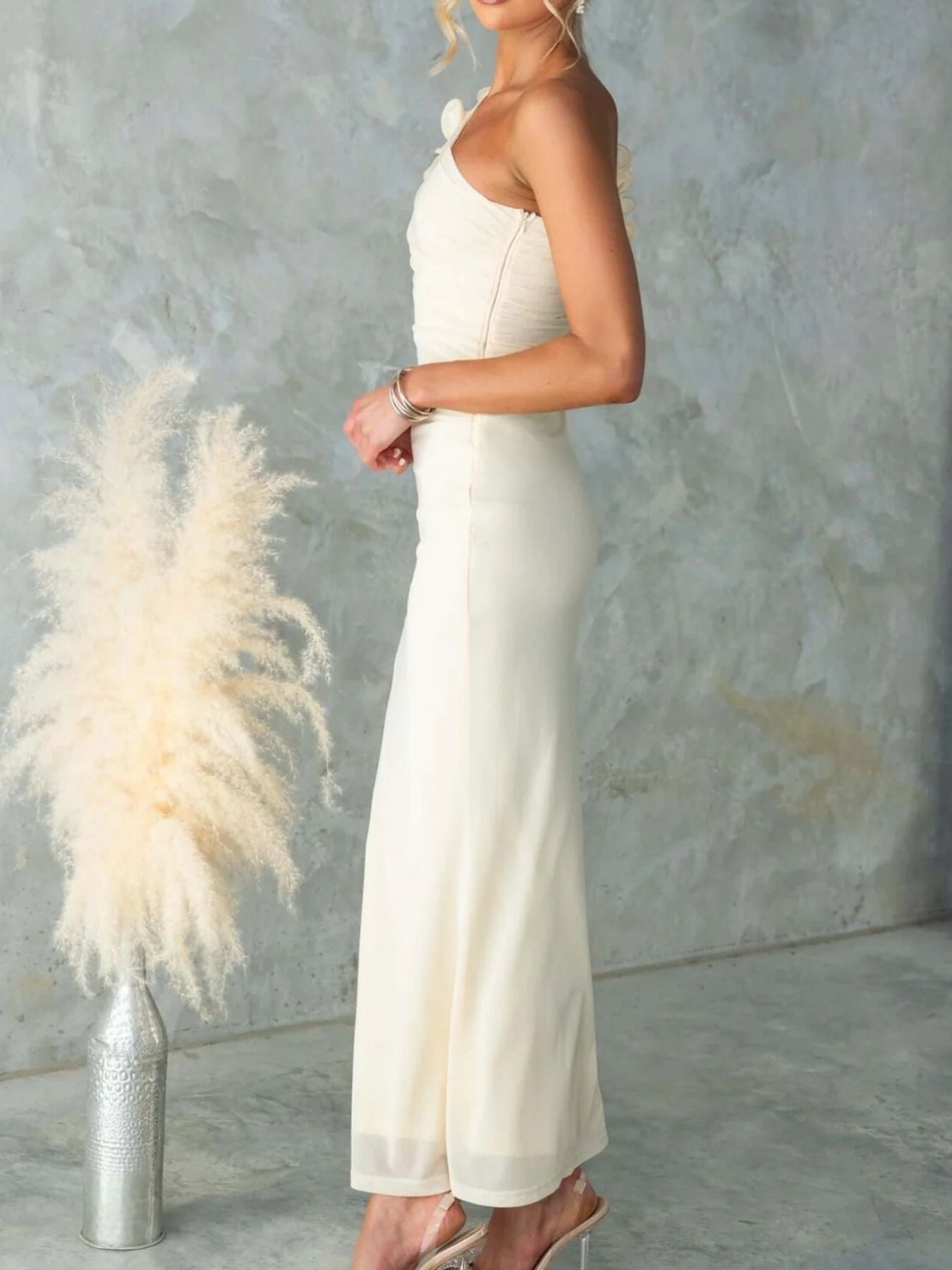 One - Shoulder Floral Trim Sleeveless Maxi Dress - SuzRevera
