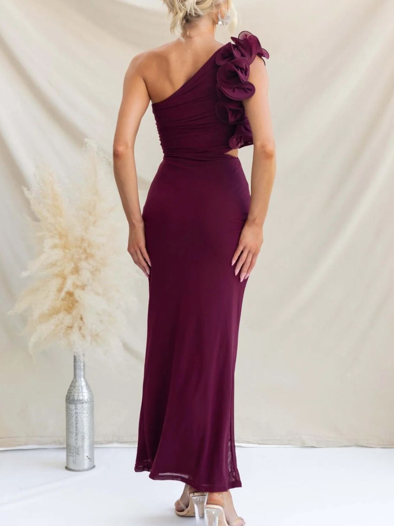 One - Shoulder Floral Trim Sleeveless Maxi Dress - SuzRevera