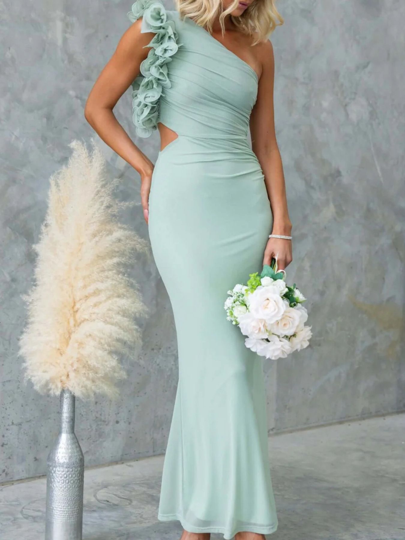 One - Shoulder Floral Trim Sleeveless Maxi Dress - SuzRevera