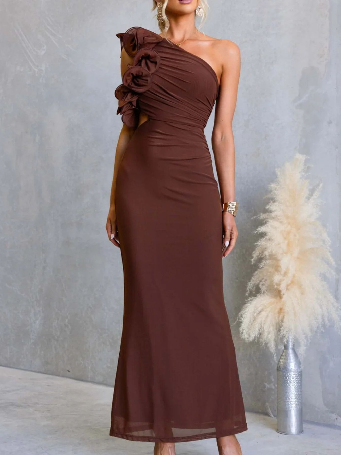One - Shoulder Floral Trim Sleeveless Maxi Dress - SuzRevera