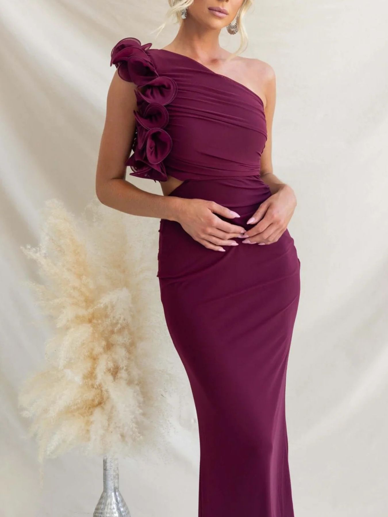 One - Shoulder Floral Trim Sleeveless Maxi Dress - SuzRevera