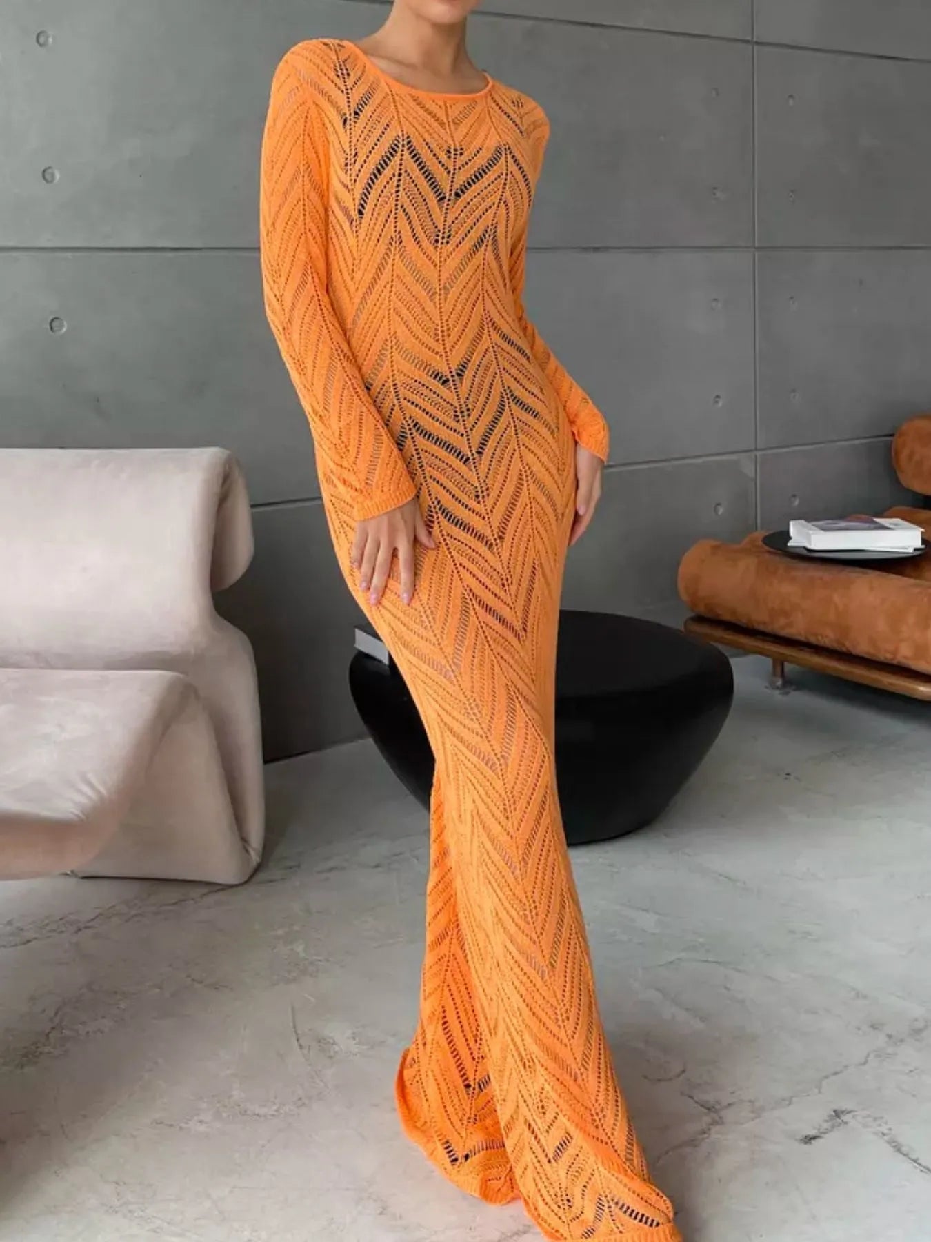 Openwork Long Sleeve Knit Cover Up Dress - SuzRevera
