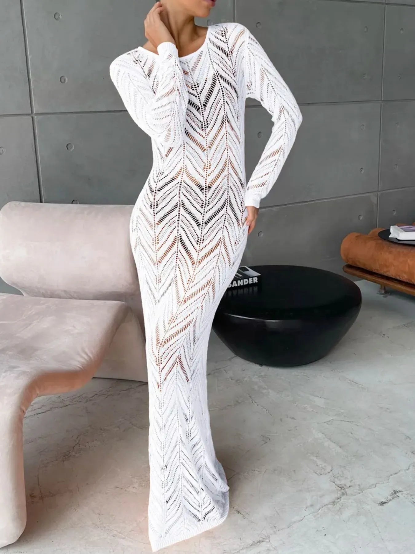 Openwork Long Sleeve Knit Cover Up Dress - SuzRevera