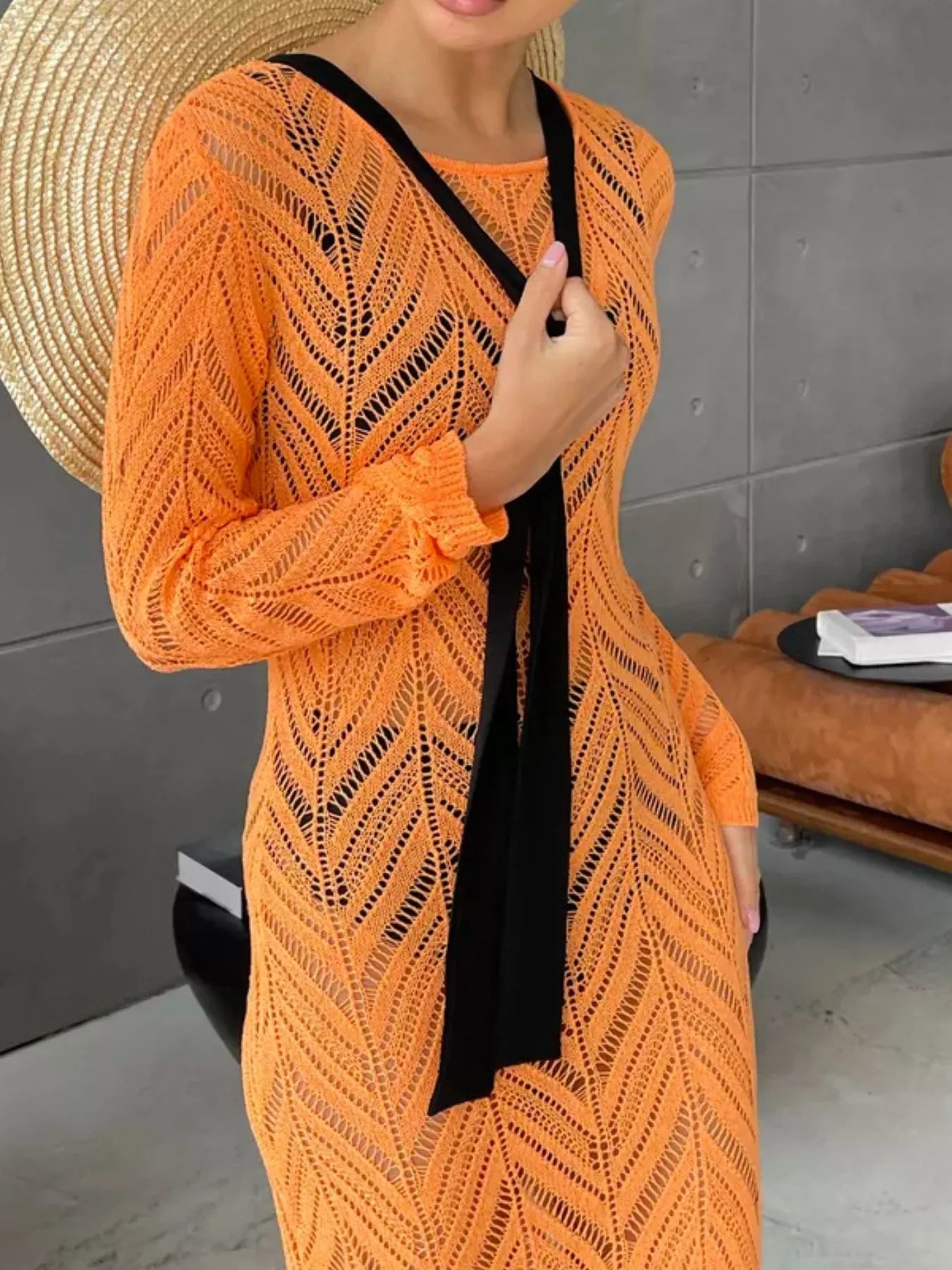 Openwork Long Sleeve Knit Cover Up Dress - SuzRevera