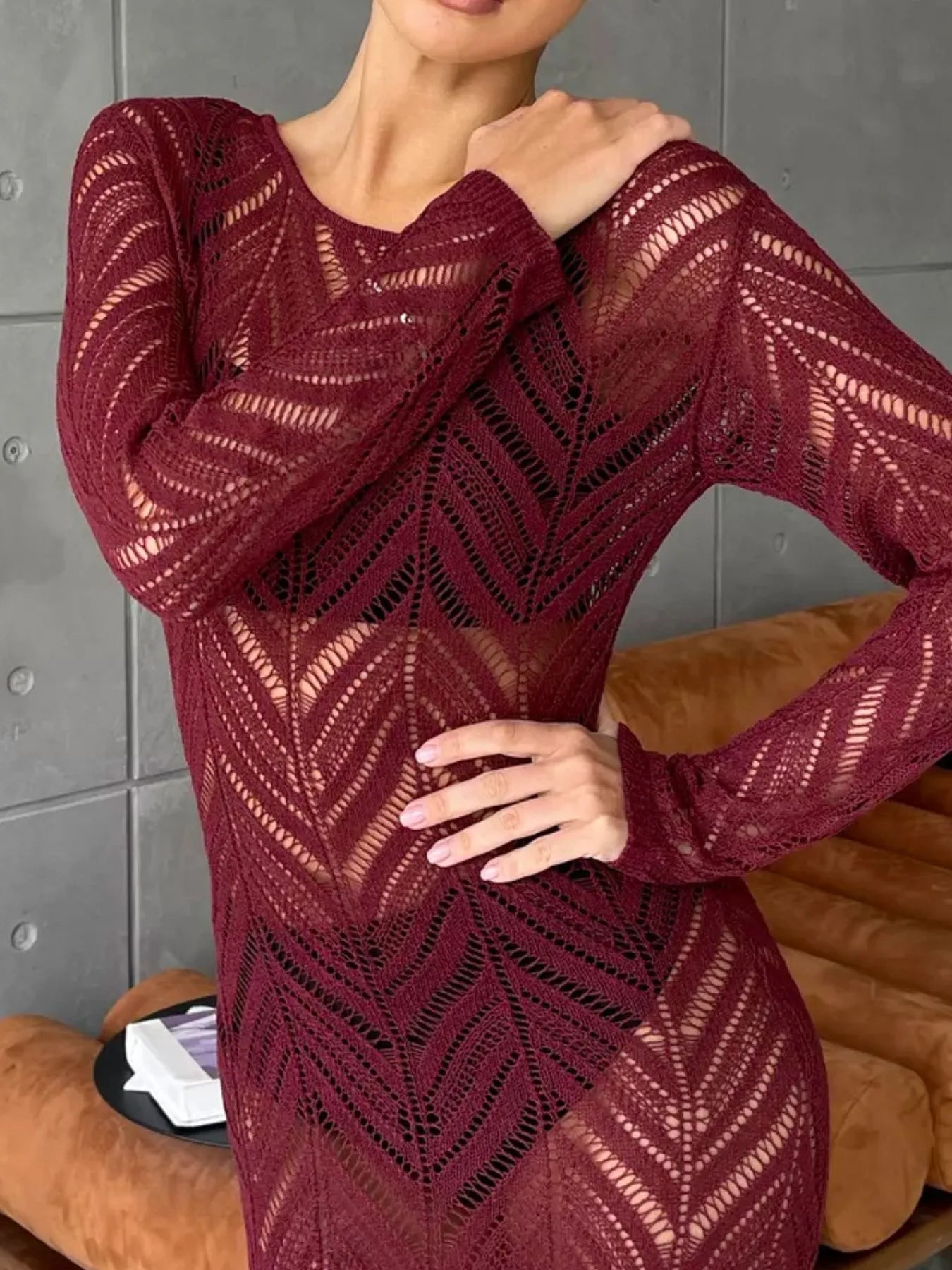 Openwork Long Sleeve Knit Cover Up Dress - SuzRevera