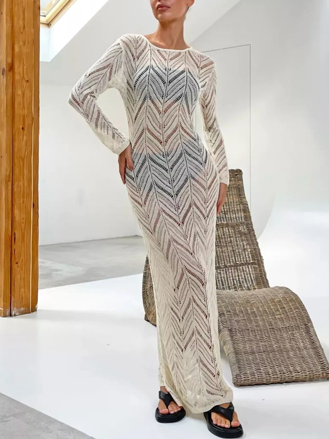 Openwork Long Sleeve Knit Cover Up Dress - SuzRevera