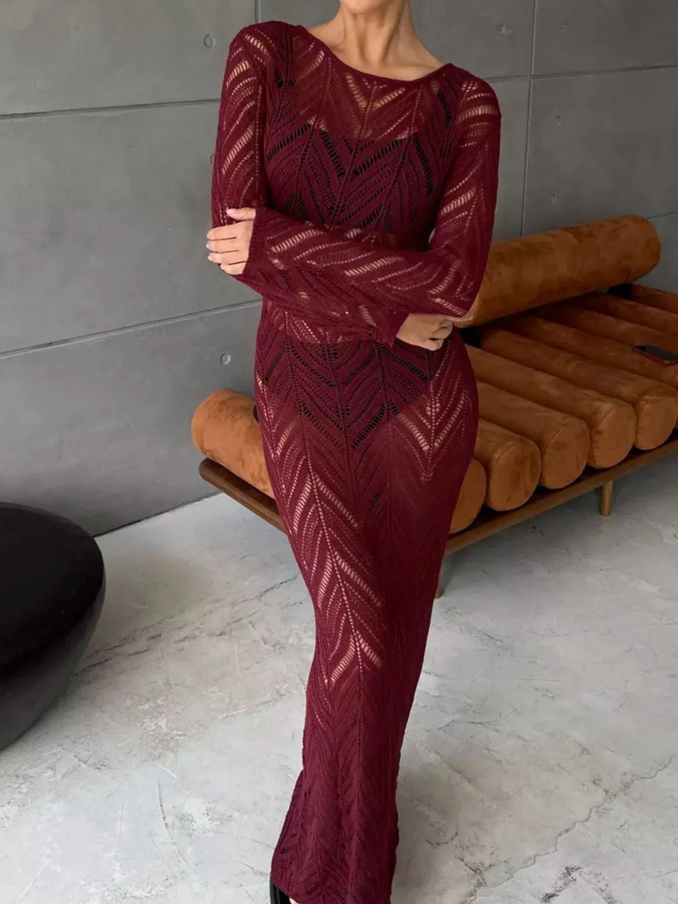 Openwork Long Sleeve Knit Cover Up Dress - SuzRevera