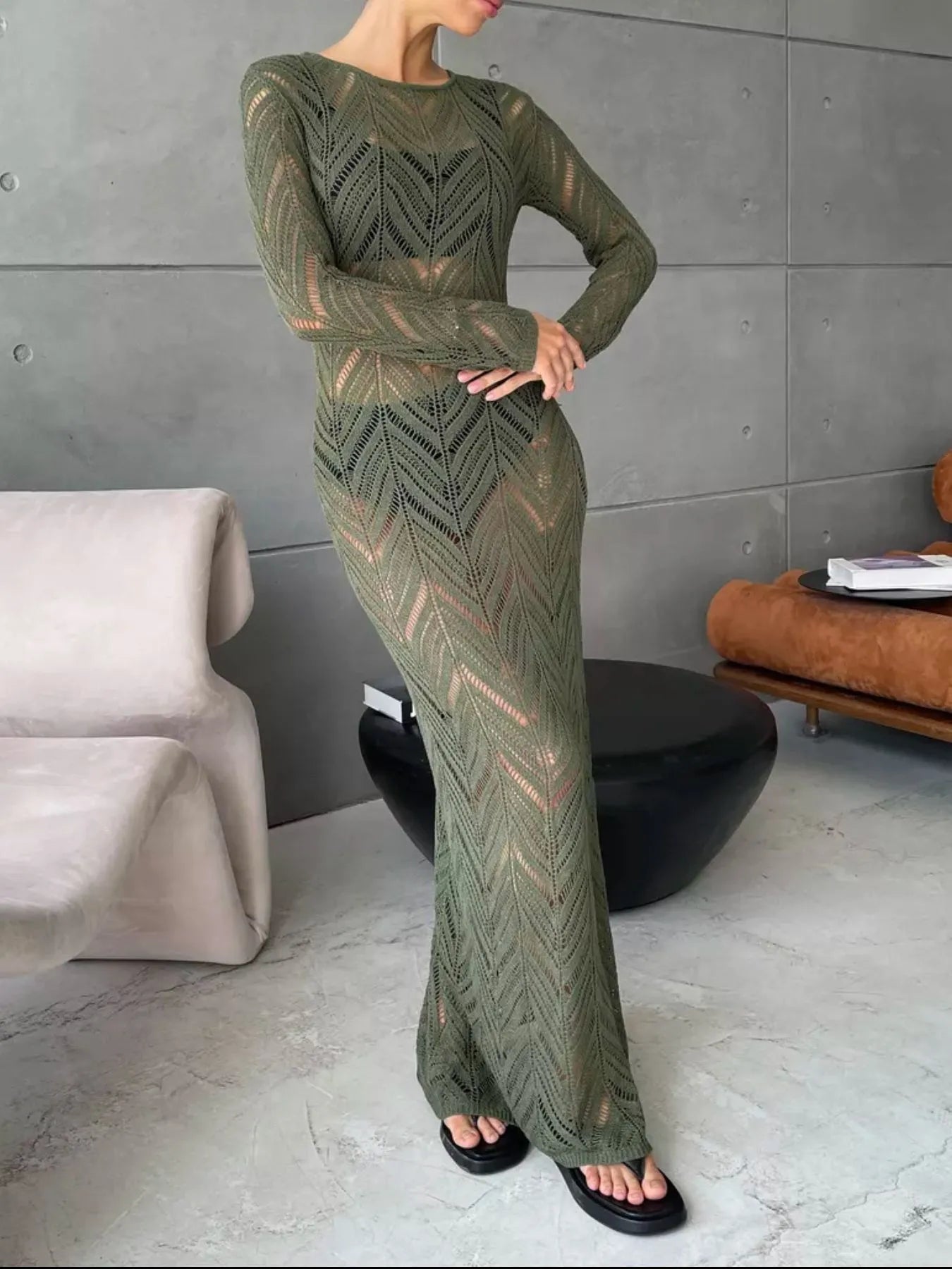 Openwork Long Sleeve Knit Cover Up Dress - SuzRevera